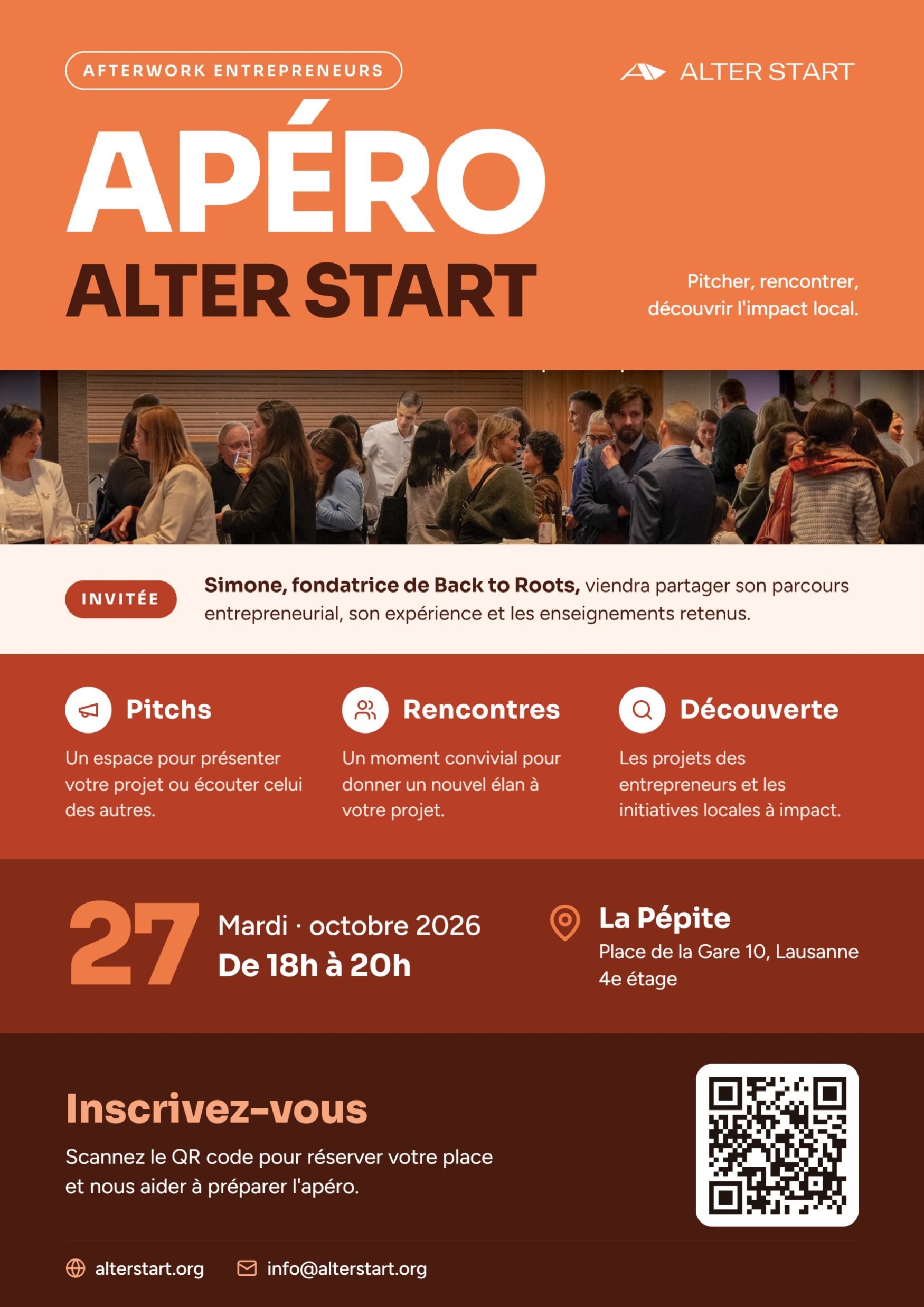Flyer de l'Apéro Alter Start : afterwork entrepreneurs le mardi 27 octobre 2026, de 18h à 20h, à La Pépite, Place de la Gare 10, Lausanne, 4e étage, avec Simone, fondatrice de Back to Roots, en invitée. Pitchs, rencontres et découverte. Inscription par QR code.
